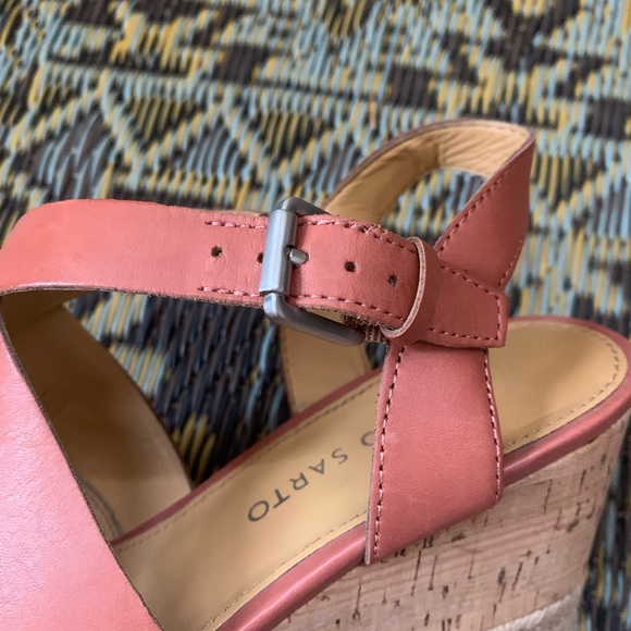 Franco Sarto brown leather cross strap wicker wood wedge slip on buckle heels - Picture 6 of 10